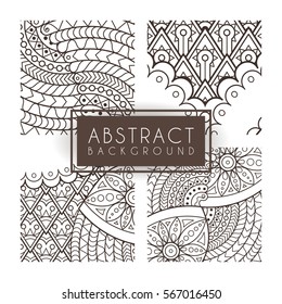 Set of four vector monochrome intricate patterns. Doodle. Zentangle. Monochromatic. Ornate ornaments.