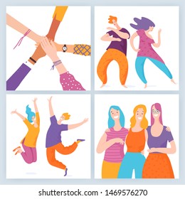 Set of four vector motivation  images man and woman show friendship, selfie and dancing. Group activities, show friendship and happiness. 