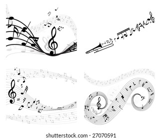 Set of four vector musical notes staff