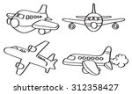 Set of four vector outline illustration of cartoon airplane in different perspective views isolated on white background.