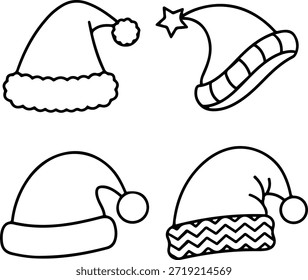 Set of four vector outline Santa Claus hats. Hand drawn doodle style Christmas headwear collection isolated suitable for coloring books and holiday design elements.