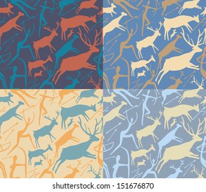 Set of four vector pattern about hunting with primitive figures