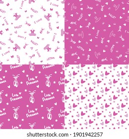 Set of four vector patterns with ballet pointe shoes, tutus, accessories and the inscription I love Ballet and Little Princess