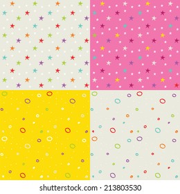 set of four vector patterns, with delicate, colorful stars and circles