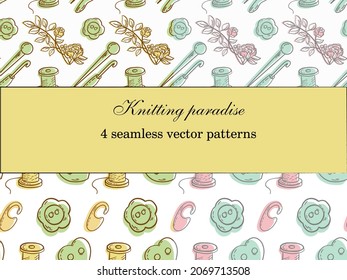 a set of four vector patterns with threads, buttons, knitting needles, crochet and flowers for knitters and embroiderers
