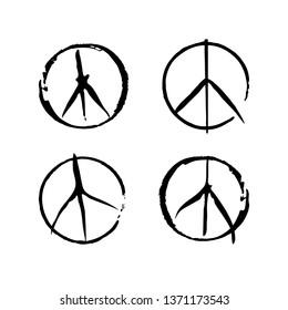 Set of four vector peace symbols. Sign pacifist, peace symbol, drawn by hand with a brush. Black Hippie sign on a white background.
