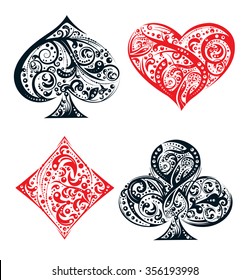 Set of four vector playing card suit symbols made by floral elements. Vintage stylized  illustration in black and red on white background. Works well as print, computer icon, logo