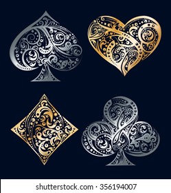 Set of four vector playing card suit symbols made by floral elements. Vintage stylized  illustration in silver and golden colors on black background. Works well as print, computer icon, logo