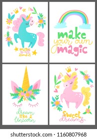 Set of four vector posters  with cartoon unicorn and magic  lettering. Poster and decoration for children room. 