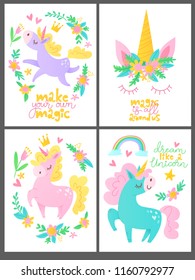 Set of four vector posters with funny cartoon unicorns and motivational  lettering. Poster and decoration for children room. 
