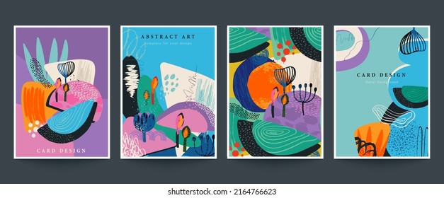 Set of four vector pre-made cards or posters in modern abstract style with nature motifs, flowers, leaves and hand drawn texture. Templates for your design