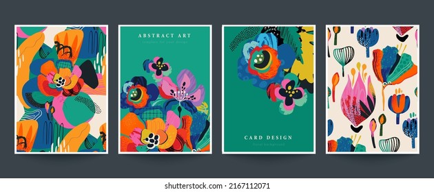 Set of four vector pre-made cards or posters in modern abstract style with nature motifs, flowers, leaves and hand drawn texture. Templates for your design