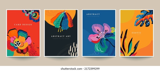 Set of four vector pre-made cards or posters in modern abstract style with nature motifs, flowers, leaves and hand drawn texture. Templates for your design