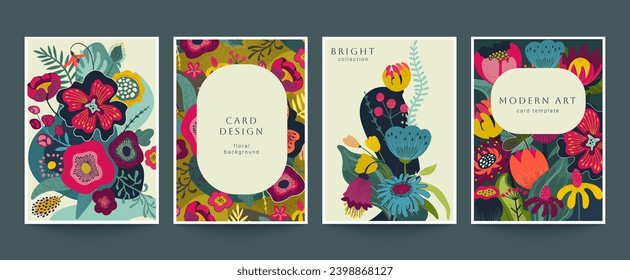 Set of four vector pre-made cards in modern style with nature motifs, flowers and leaves. Templates for your design