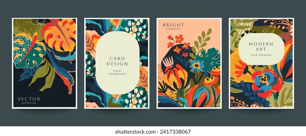 Set of four vector pre-made cards in modern style with nature motifs, flowers and leaves. Templates for your design