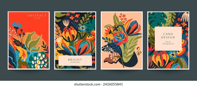 Set of four vector pre-made cards in modern style with nature motifs, flowers and leaves. Templates for your design