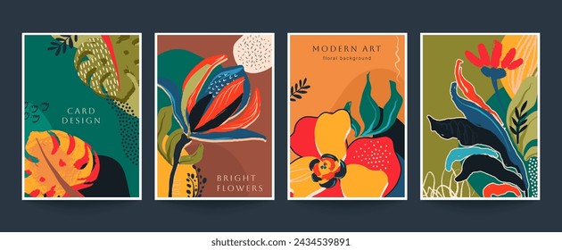 Set of four vector pre-made cards in modern style with nature motifs, flowers and leaves. Templates for your design