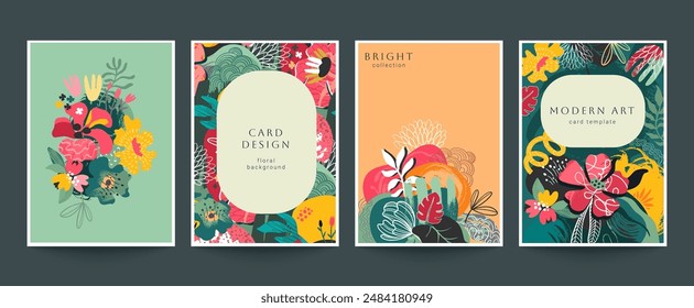 Set of four vector pre-made cards in modern style with nature motifs, flowers and leaves. Templates for your design