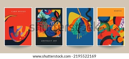 Set of four vector pre-made cards or posters in modern abstract style with nature motifs, flowers, leaves and hand drawn texture. Templates for your design