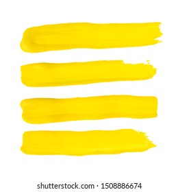 Set of four vector realistic traces of different horizontal brush strokes isolated on white background. Vintage yellow hand drawn paint elements.