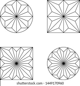 Set of four vector rosettes in line style. Geometric rosaces composed of triangles. Architectural decorations enclosed in the shape of a circle or square.