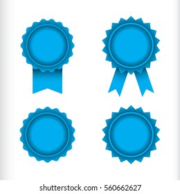 A set of four vector seals and badges isolated on a white background. Two of the stamps have ribbons hanging off of the bottom