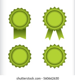 A set of four vector seals and badges isolated on a white background. Two of the stamps have ribbons hanging off of the bottom 