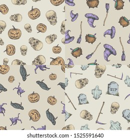 Set of Four Vector Seamless Background Patterns. Hand Drawn Sculls, Pumpkins, Cats, Witch Hat and Cauldron, etc. Halloween Celebration Greeting Sketches Card, Wrapping or Cover Template Bundle.