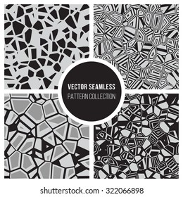 Set of Four Vector Seamless Black and White Mosaic Jumble Crack Pattern Tiles