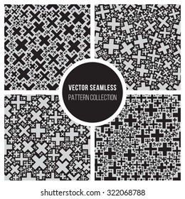 Set of Four Vector Seamless Black and White Mosaic Jumble Non Overlapping Cross Pattern Collection 