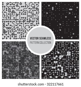 Set Of Four Vector Seamless  Black And White Circuit Cybernetic Geometric Pattern Tile Collection