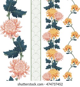 Set of four vector seamless borders. Chrysanthemum flowers and embroidery. Japanese style.