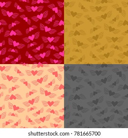 Set of four vector seamless colored patterns flying hearts. Winged simple flat abstract hearts - a conceptual background for textiles or a greeting card for Valentine's Day