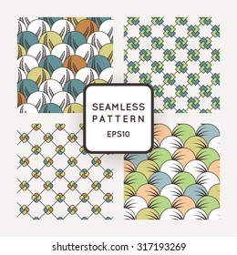 A set of four vector seamless floral and geometric patterns. Japanese style. Arabic style.