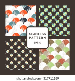 A set of four vector seamless floral and geometric patterns. Japanese style. Arabic style.