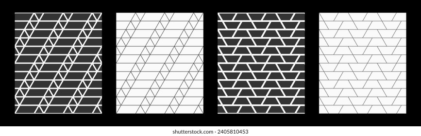 Set of four vector seamless geometric patterns. Tiled pattern with triangles, geometric shapes. Abstract seamless black and white vector backgrounds.