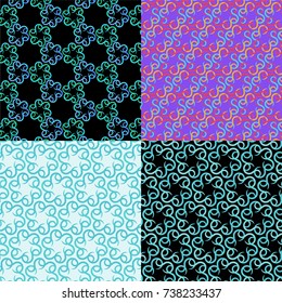 set of four vector seamless geometric floral repeating patterns. two in ice colors over a black background. one colorful over violet background. one in light ice colors over light blue background. 