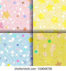 Set of four vector seamless organic rounded lines patterns and star in pastel colors abstract background