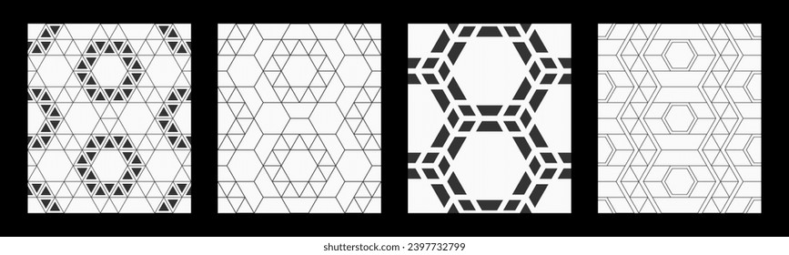 Set of four vector seamless pattern. Geometric shapes patterns. Mosaics motif. Polygonal trellis on the base of triangular grid. Hexagonal patterns. Seamless black and white vector backgrounds.