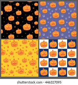A set of four vector seamless pattern, with jack-o'-lanterns: pattern on black with polka dot, patterns on blue and yellow, with animal footprints, and pattern on blue and white squares.