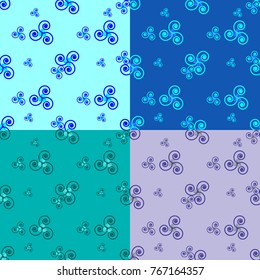Set of four vector seamless pattern illustrations. Curls on color backgrounds.