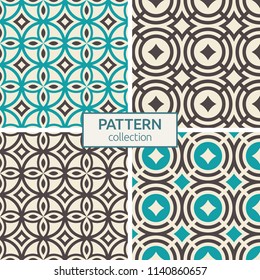 Set of four vector seamless patterns. Abstract geometric color backgrounds. Geometric grid, mesh patterns. Modern stylish textures of repeating geometric ornaments.