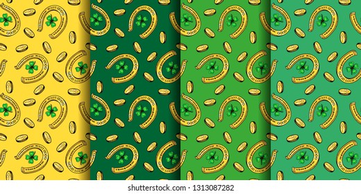 Set of four Vector Seamless  Patterns in green colors. Happy St. Patrick's day lucky "good luck" horseshoe with four leaf clover and coins. Holiday background