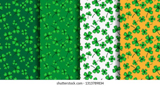 Set of four Vector Seamless  Patterns in traditional colors. Happy St. Patrick's day with four leaf clover. Holiday background