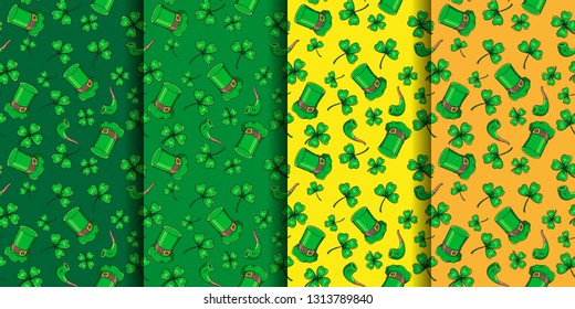 Set of four Vector Seamless  Patterns in green and orange colors. Happy St. Patrick's day four leaf clover leprechaun hat,  and pipe. Holiday background