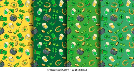 Set of four Vector Seamless  Patterns in green colors. Happy St. Patrick's day. 
Lucky Shamrock, Beer, pot of gold, pipe, glasses, and horseshoe. Holiday background