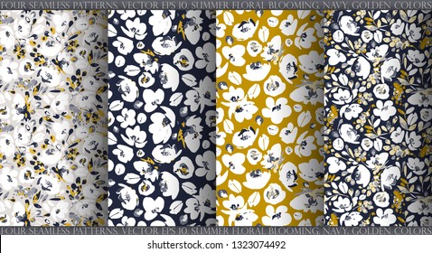 Set with four vector seamless patterns, abstract gentle white flowers on dark blue, gentle gray and mustard background. Use in textiles, interior, wrapping paper and other design.