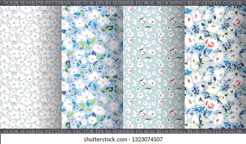 Set with four vector seamless patterns, abstract gentle white flowers on dusty blue, gray background. Use in textiles, interior, wrapping paper and other design.