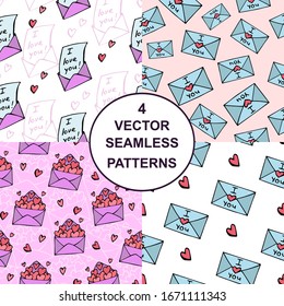 a set of four vector seamless patterns with cute hand-drawn envelopes with hearts and declarations of love. it can be used as wallpaper, background, print, textile design, notebooks, phone cases.