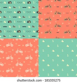 Set of four vector seamless patterns. Hipster lifestyle. 